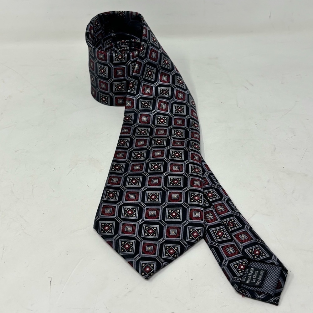 PRONTO UOMO COUTURE Men’s Blue Red Geometric Woven 100% Silk Neck Tie 60” Long